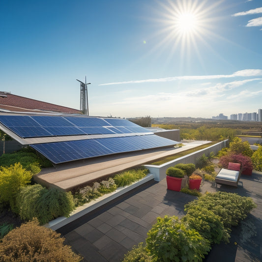 A sun-drenched rooftop adorned with sleek solar panels, surrounded by vibrant green plants, a clear blue sky above, and distant wind turbines on the horizon, symbolizing sustainable energy and eco-conscious living.