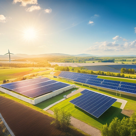 A vibrant landscape featuring solar panels on rooftops, wind turbines spinning in the distance, lush green fields, and a modern office building with greenery. Sunlight bathes the scene in warm hues, symbolizing sustainability.