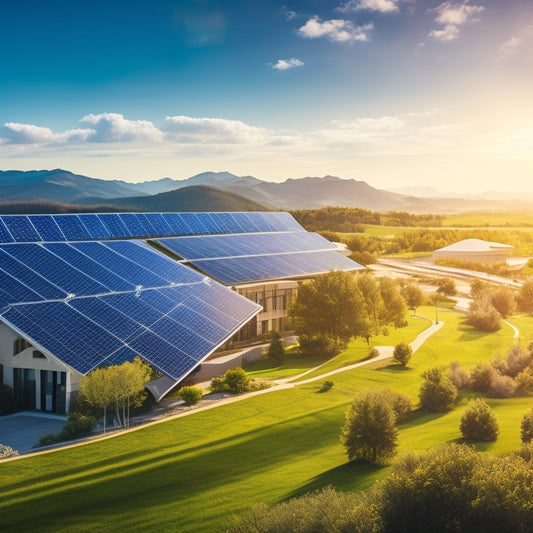 A vibrant landscape showcasing solar panels glistening in the sun, wind turbines spinning gracefully on rolling hills, and a bustling office building with green rooftops, surrounded by lush trees and a clear blue sky.