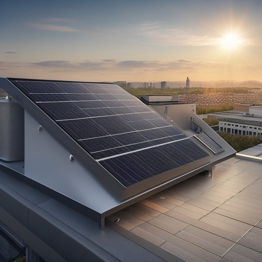 An illustration of a modern rooftop with a sleek, black solar panel array, angled at 30 degrees, surrounded by shiny silver mounting hardware, and connected to a sleek inverter box.