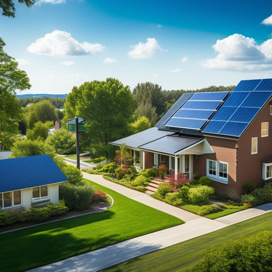 A serene suburban neighborhood with sleek, black solar panels installed on rooftops, amidst lush green trees and a bright blue sky with a few wispy clouds, conveying eco-friendliness and sustainability.