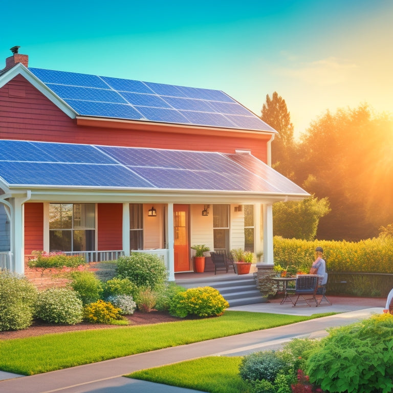 A bright, sunny suburban neighborhood with solar panels on rooftops, a calculator surrounded by green plants, and a homeowner contemplating savings while examining a graph of energy costs and solar benefits.