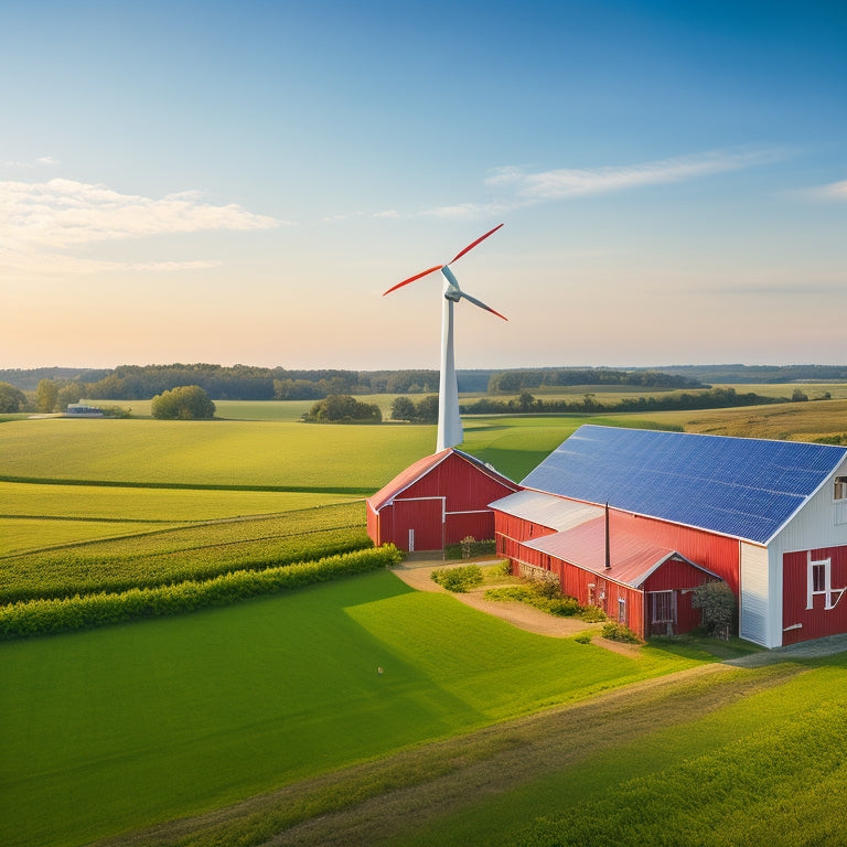 A serene rural landscape with a red barn, wind turbines, and solar panels installed on rooftops and fields, amidst lush greenery and a bright blue sky with a few white clouds.