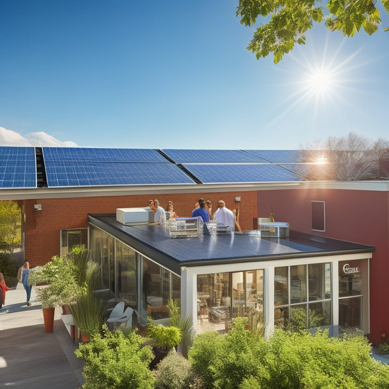 A small business rooftop adorned with sleek solar panels, reflecting sunlight. Below, a bustling storefront with happy customers, surrounded by greenery, showcasing a vibrant community. In the background, a clear blue sky enhances the scene.