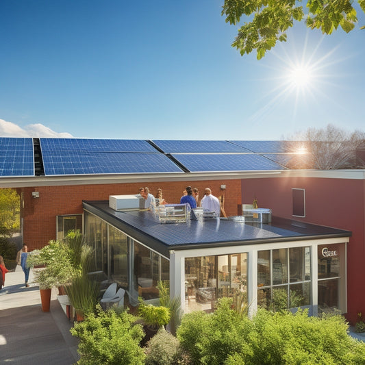 A small business rooftop adorned with sleek solar panels, reflecting sunlight. Below, a bustling storefront with happy customers, surrounded by greenery, showcasing a vibrant community. In the background, a clear blue sky enhances the scene.
