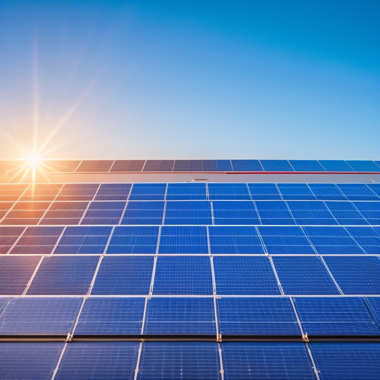 A close-up of a solar panel on a rooftop, showcasing its glossy surface reflecting sunlight, surrounded by a digital interface displaying colorful graphs and metrics, with a bright blue sky and fluffy clouds in the background.