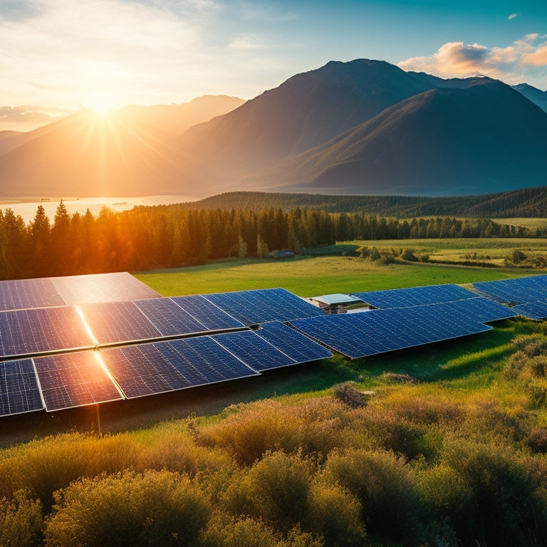 A vibrant landscape featuring solar panels glistening under a bright sun, surrounded by lush greenery, with a clear blue sky and distant mountains, symbolizing a harmonious blend of technology and nature in reducing carbon emissions.