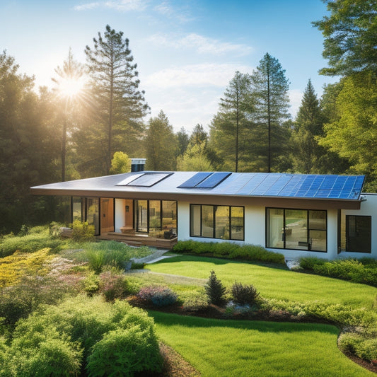 A serene modern home surrounded by lush greenery, solar panels on the roof, energy-efficient windows reflecting sunlight, and a garden showcasing native plants, with a blue sky and fluffy clouds in the background.