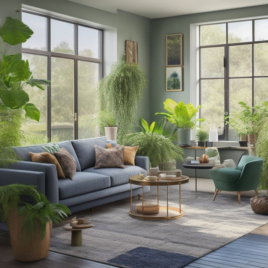 A modern living room showcasing eco-friendly upgrades: solar panels on the roof, energy-efficient windows, and a green wall of plants, all bathed in natural light, with a cozy, inviting atmosphere.