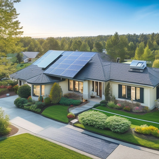 A serene suburban neighborhood with multiple modern homes, each featuring sleek, black solar roof panels integrated into their roofs, surrounded by lush greenery and a clear blue sky.