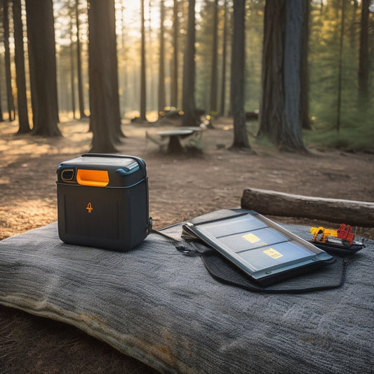 A rugged portable solar panel set up in a forest clearing, charging devices beside a camping stove. Sunlight filters through trees, illuminating a serene emergency setup with a backpack and a first aid kit nearby.
