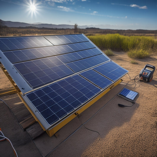 A close-up of a solar panel with cracks and dirt, surrounded by a cloudy sky. Nearby, a technician inspects wiring and a multimeter, while a house with low sunlight casts a shadow.