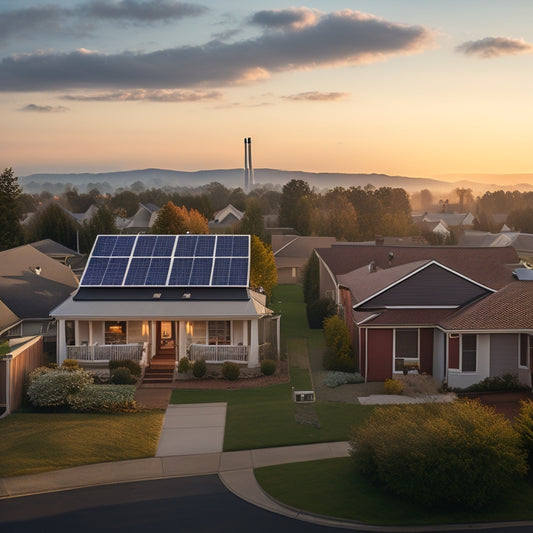 A serene, sun-drenched suburban neighborhood with solar panels installed on rooftops, contrasted with a dimly lit, coal-fired power plant in the background, surrounded by faint pollution clouds.