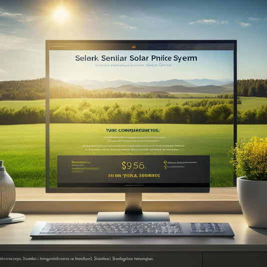 A sleek, modern computer screen displaying a detailed solar panel system quote comparison, with vibrant solar panels, a bright sun, and dollar signs symbolizing savings, all set against a professional home office background.