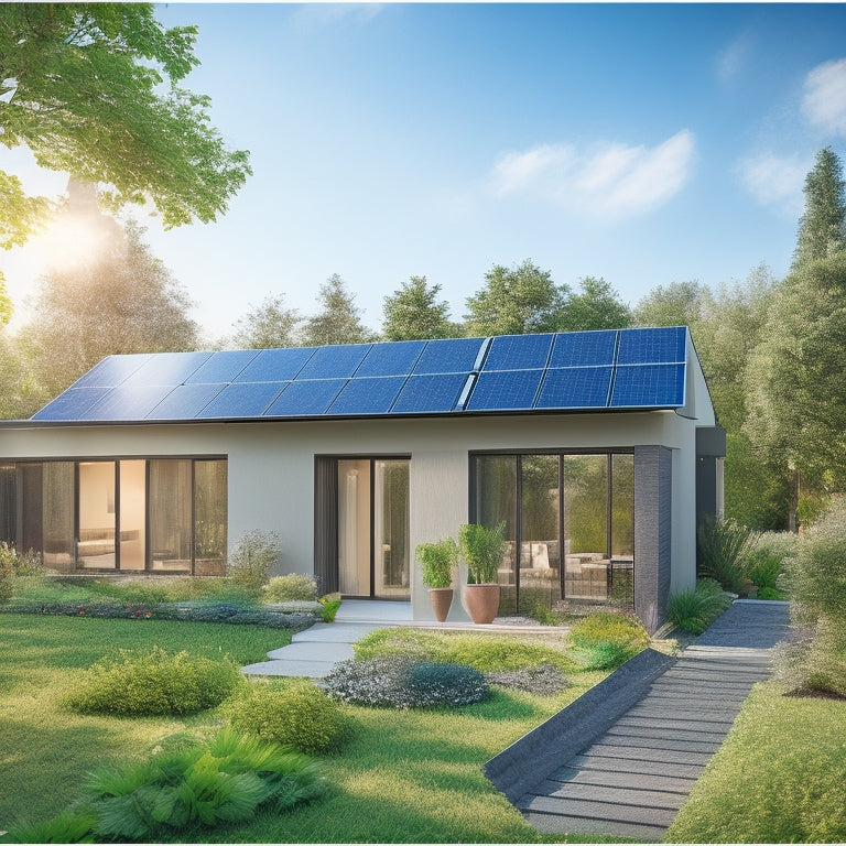 A modern green home with solar panels on the roof, surrounded by lush gardens, a rainwater collection system, and energy-efficient appliances, all bathed in warm sunlight, showcasing sustainability and eco-friendly living.