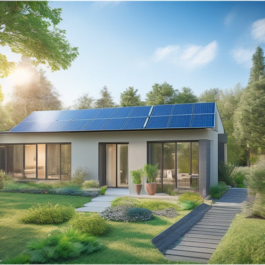 A modern green home with solar panels on the roof, surrounded by lush gardens, a rainwater collection system, and energy-efficient appliances, all bathed in warm sunlight, showcasing sustainability and eco-friendly living.