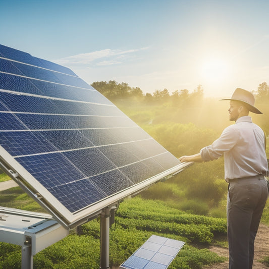 A sunlit rooftop adorned with sleek solar panels, surrounded by lush greenery, showcasing a digital display of energy output, while a technician adjusts the angle of a panel under a bright blue sky.
