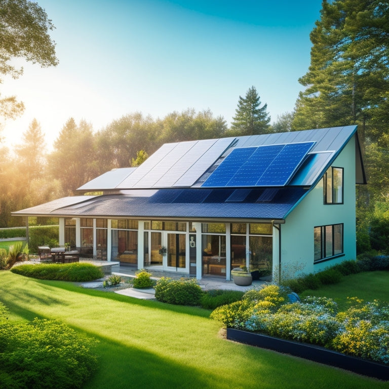 A modern suburban home with sleek solar panels on the roof, sunlight reflecting off the panels, set against a bright blue sky with a few fluffy clouds, surrounded by lush green trees and a well-maintained garden.