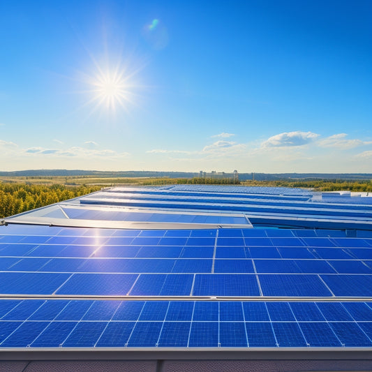 A modern, sleek rooftop with multiple rows of high-efficiency solar panels, angled at 30 degrees, with a subtle sheen, set against a clear blue sky with a few wispy clouds.