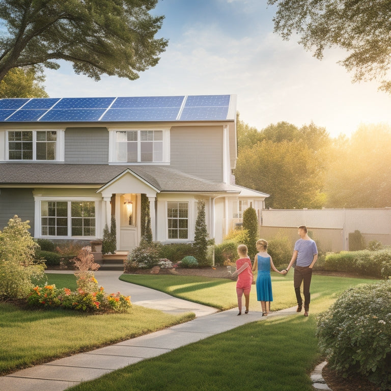 A serene suburban neighborhood with solar panels on rooftops, lush green lawns, and trees. Bright sunlight illuminates the panels, while a family enjoys their garden, symbolizing sustainability and reduced carbon footprint.