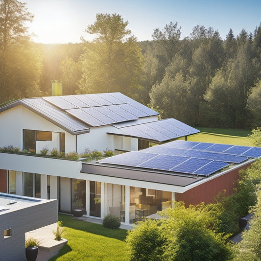 A bright, modern home rooftop with sleek, high-efficiency solar panels installed, sunlight reflecting off the panels, surrounded by green trees and a clear blue sky.