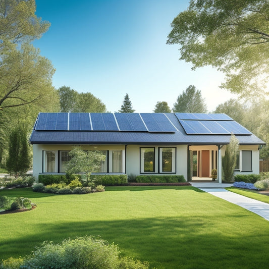 A serene suburban backyard with a modern single-story house, lush green lawn, and a few trees, featuring a sleek solar panel array installed on the roof, with a few panels angled towards the sun.