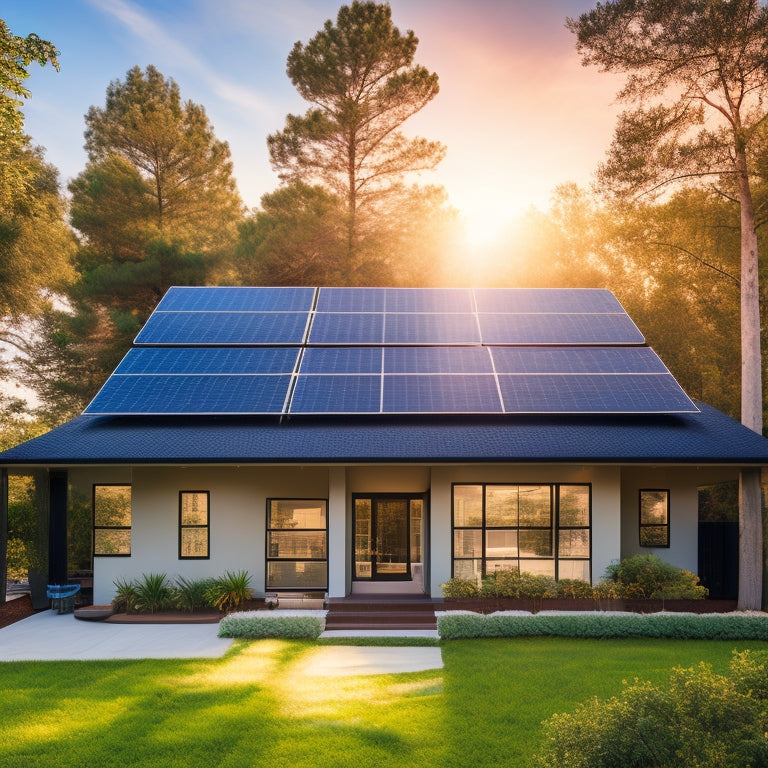 A serene suburban home with a sleek, black solar panel array installed at a 30-degree angle on a south-facing roof, surrounded by lush greenery and a clear blue sky with a few wispy clouds.