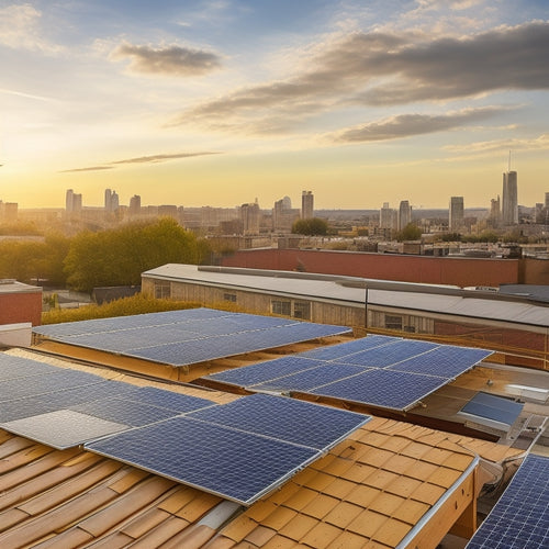 A photograph of a rooftop with a partially installed solar panel array, with a ladder, toolbox, and safety harnesses in the foreground, and a cityscape or suburban landscape in the background.