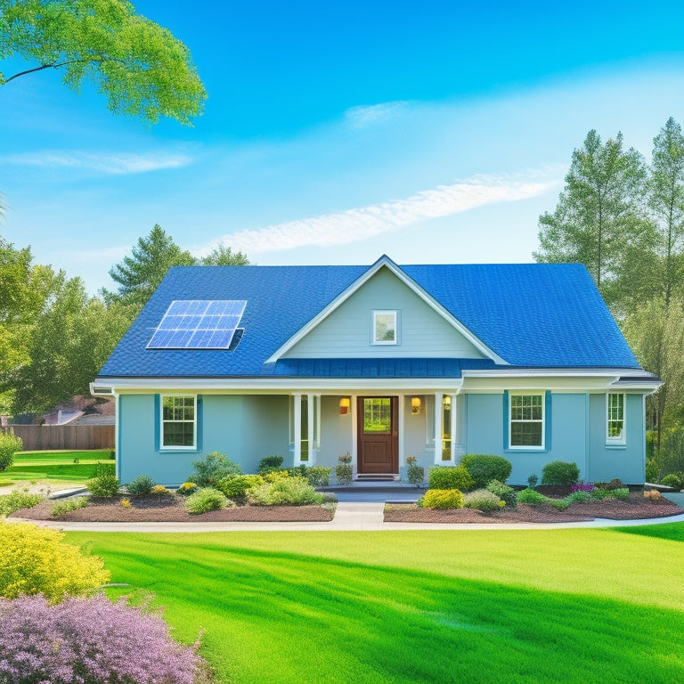 A serene suburban home with solar panels on the roof, wind turbines in the backyard, lush gardens with native plants, and a rainwater harvesting system, all under a bright blue sky and soft, fluffy clouds.
