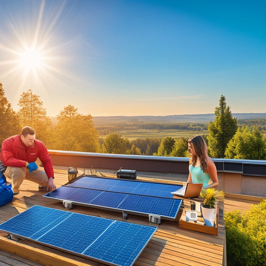 A sunny rooftop with solar panels, a technician using a handheld device, a laptop with performance graphs, a drone inspecting panels, and a smart home dashboard displaying live solar energy data.