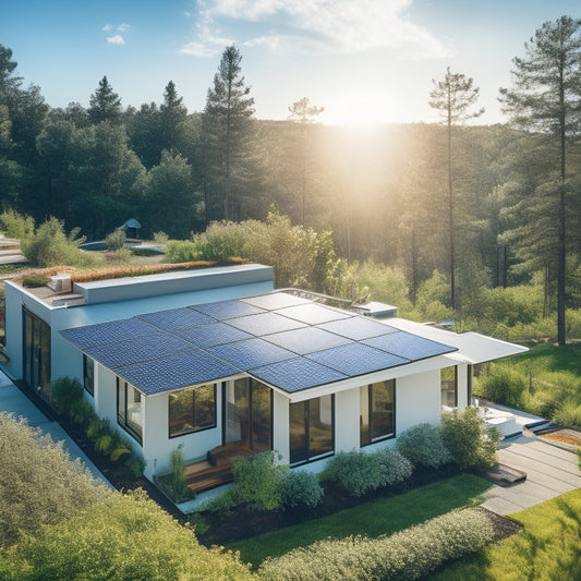 A modern home surrounded by lush greenery, featuring sleek solar panels on a sloped roof, large windows for natural light, a rooftop garden, and a vibrant blue sky filled with fluffy white clouds.