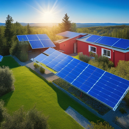 A serene landscape with a bright blue sky, several solar panels installed on rooftops and in backyards, and a subtle map outline in the background with several red location pins scattered throughout.