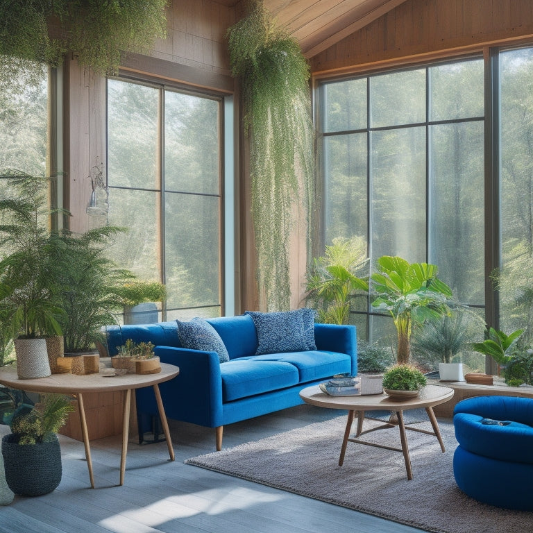 A cozy, modern home surrounded by lush greenery, showcasing eco-friendly insulation materials like recycled denim and cellulose. Sunlight filters through large windows, highlighting natural wood accents and vibrant indoor plants.