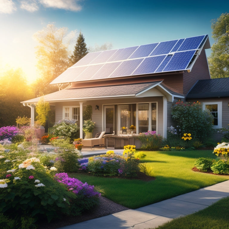 A sunny suburban home with solar panels installed on the roof, surrounded by blooming flowers and lush greenery, with a subtle background of the solar system planets orbiting the sun.