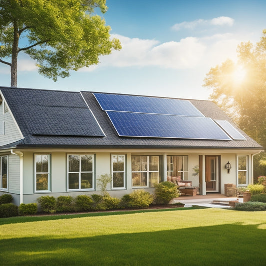 A serene suburban home with solar panels on the roof, surrounded by lush greenery and a bright blue sky, with a subtle hint of sunlight reflection on the panels.