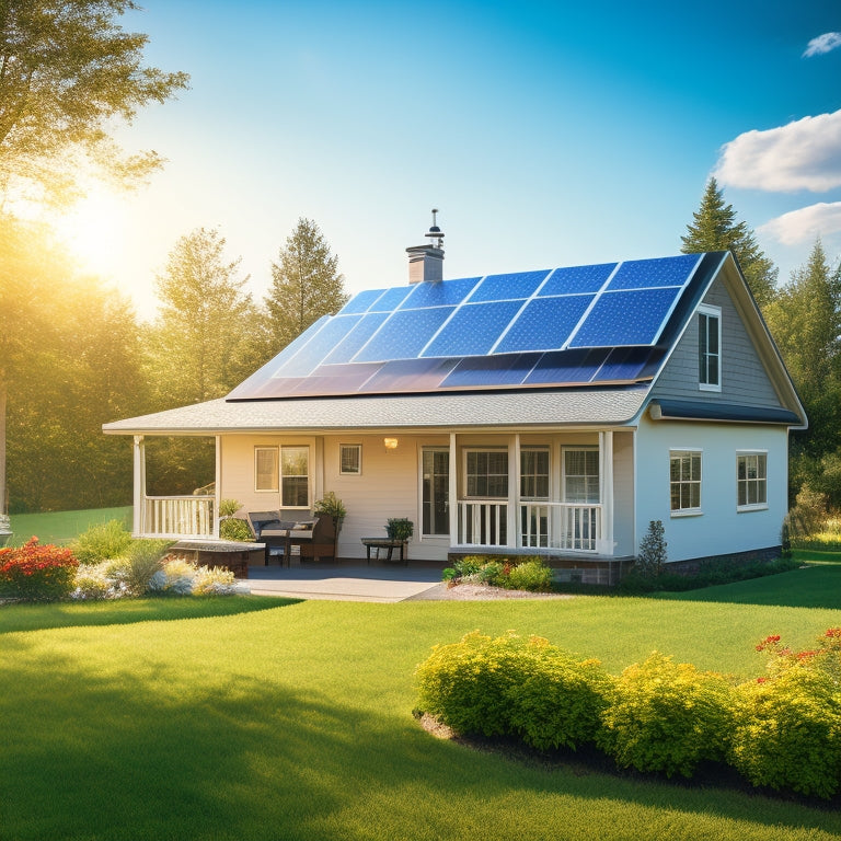 A cozy suburban home with solar panels on the roof, surrounded by lush greenery and a small wind turbine in the yard, showcasing a bright blue sky and soft sunlight illuminating the scene.