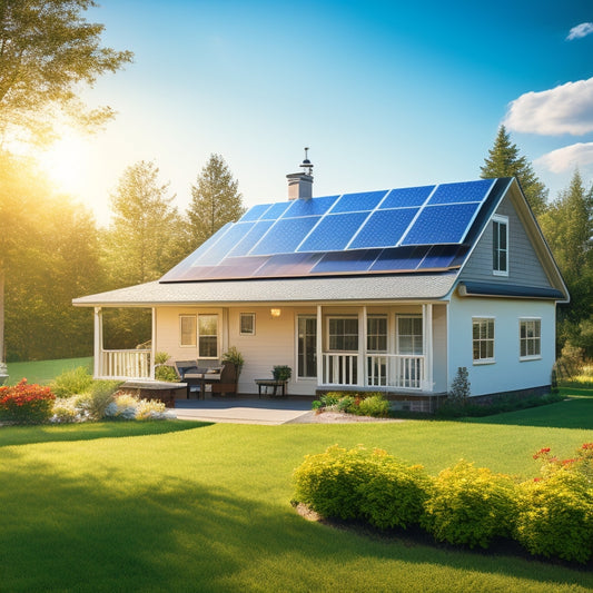 A cozy suburban home with solar panels on the roof, surrounded by lush greenery and a small wind turbine in the yard, showcasing a bright blue sky and soft sunlight illuminating the scene.