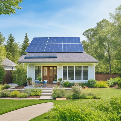 A serene suburban home with a mix of solar panels installed: some on the roof, others on a backyard patio, and a few integrated into a fence, surrounded by lush greenery and a bright blue sky.