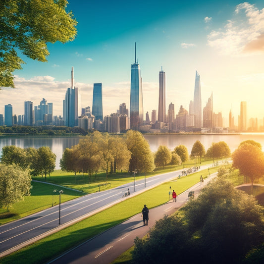 A vibrant city skyline powered by solar panels and wind turbines, surrounded by lush green parks. Diverse families enjoying outdoor activities, electric cars charging nearby, and clear blue skies reflecting a sustainable future.