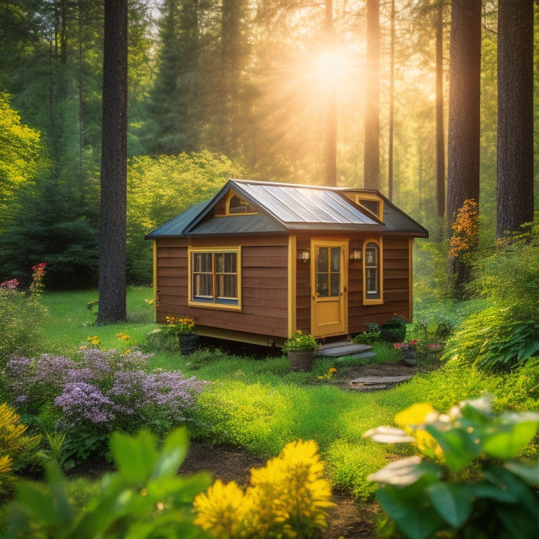 A vibrant tiny house nestled in a lush green forest, adorned with solar panels on the roof, surrounded by wildflowers, with sunlight streaming through the trees, casting playful shadows on the ground.