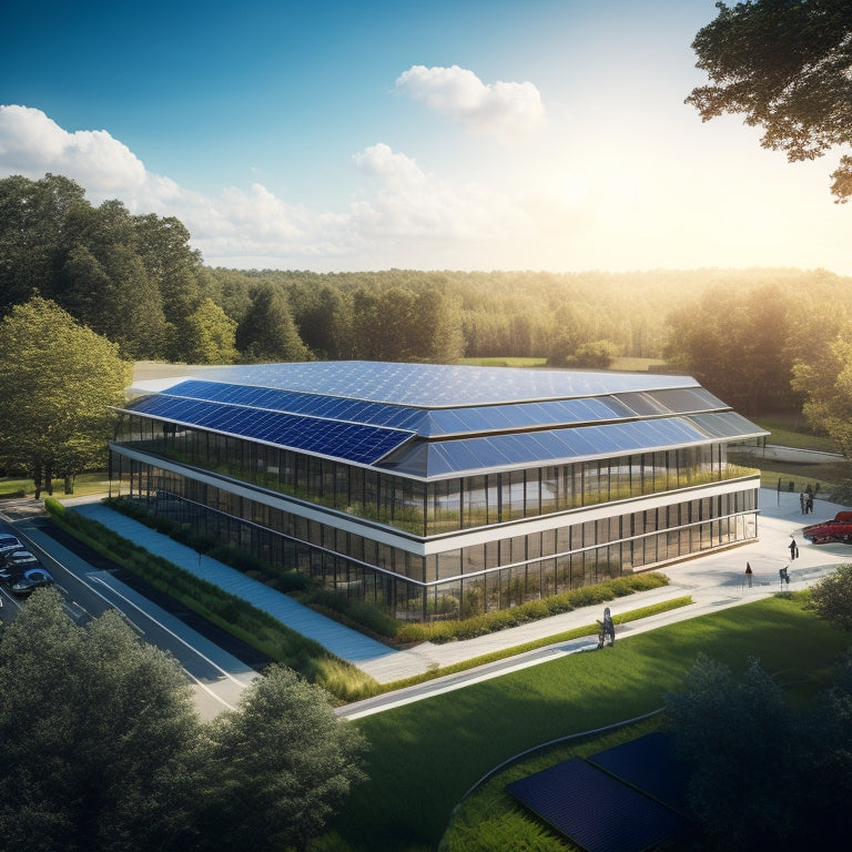 Show a modern office building with a large array of solar panels on the roof, surrounded by lush greenery, with a bright, clear sky and a few clouds, and a few people discussing near the building.