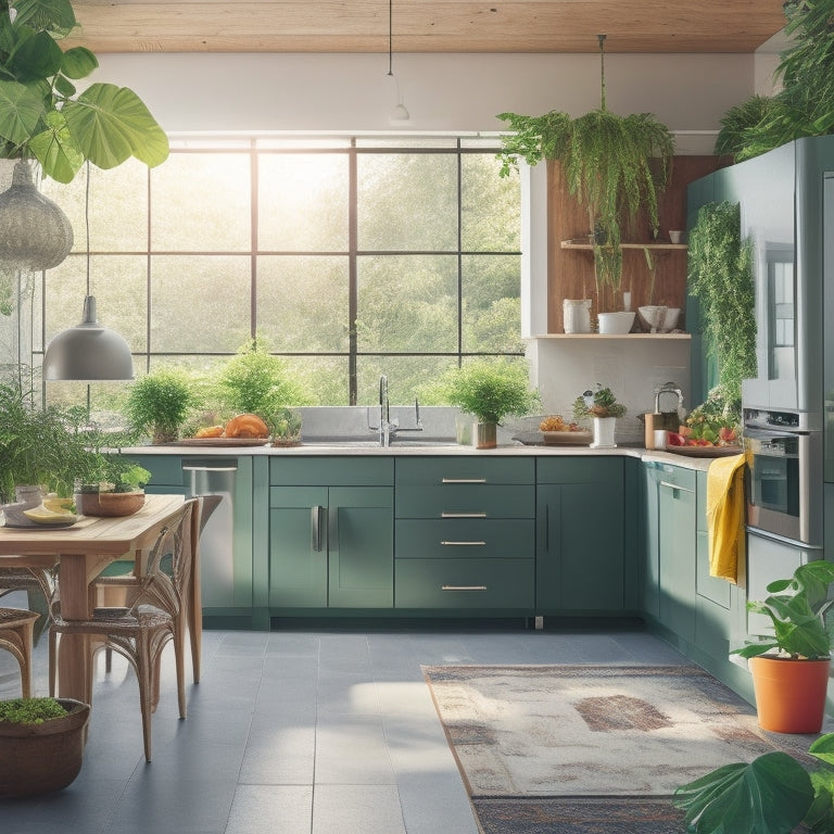 A vibrant kitchen scene featuring sleek solar-powered appliances: a modern stove, refrigerator, and blender, surrounded by lush green plants and sunlight streaming through large windows, showcasing energy independence in a harmonious home.