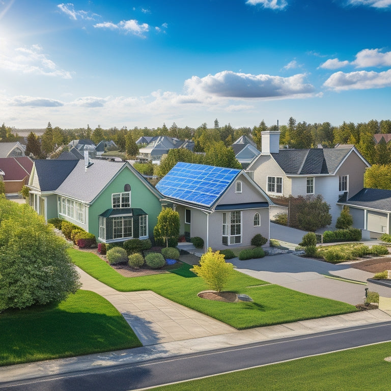 A serene suburban neighborhood with 5 identical houses, each with a unique number of solar panels on the roof (2, 4, 6, 8, 10), set against a bright blue sky with fluffy white clouds.