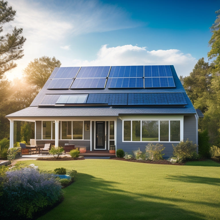 A serene suburban home with sleek, black solar panels installed on the roof, surrounded by lush greenery and a bright blue sky with a few puffy white clouds.