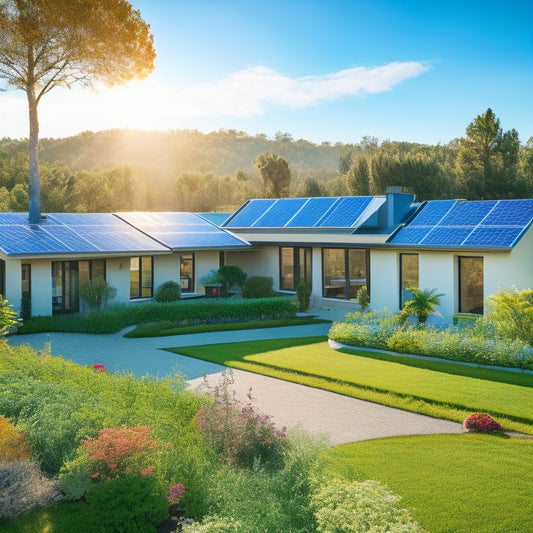 A serene landscape showcasing a modern home with solar panels on the roof and vibrant solar batteries beside a flourishing garden, under a bright sun with clear blue skies, symbolizing energy independence and sustainability.