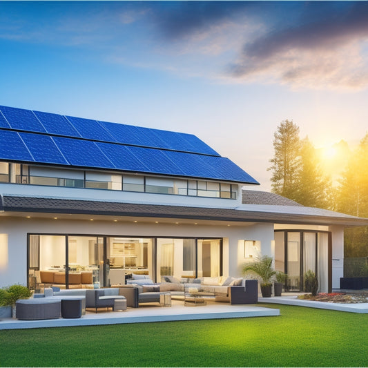 An illustration of a modern home with a rooftop solar panel installation, surrounded by laptops and tablets displaying various online retailer websites, with a subtle green glow and eco-friendly icons.