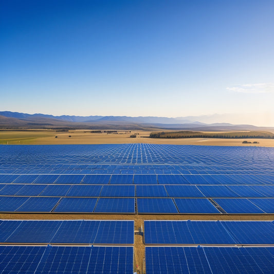 Aerial view of a sprawling solar farm with rows of sleek, black photovoltaic panels angled towards the horizon, surrounded by rolling hills and a clear blue sky with wispy white clouds.