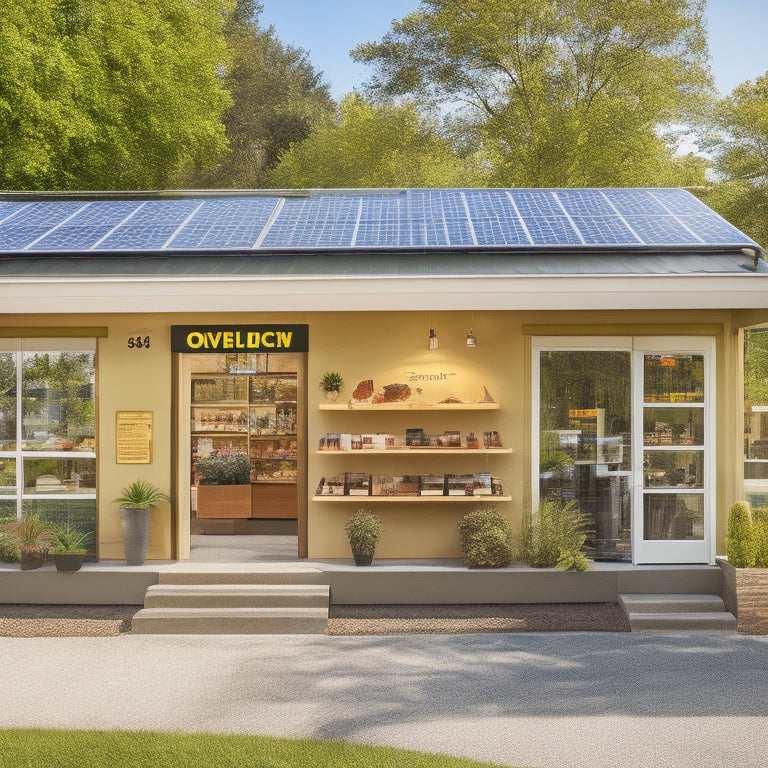 A vibrant small business storefront with solar panels on the roof, surrounded by lush greenery, showcasing a bright sunny day. Include smiling employees interacting with customers, emphasizing sustainability and innovation.