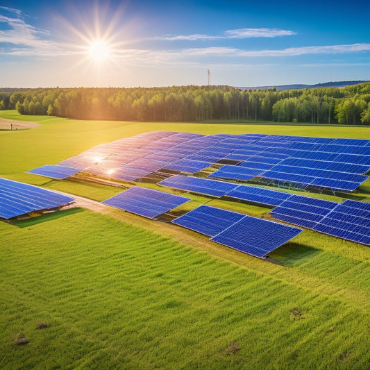A vibrant solar farm under a clear blue sky, with rows of gleaming solar panels reflecting sunlight, surrounded by lush green fields and trees, symbolizing harmony between technology and nature for a sustainable future.