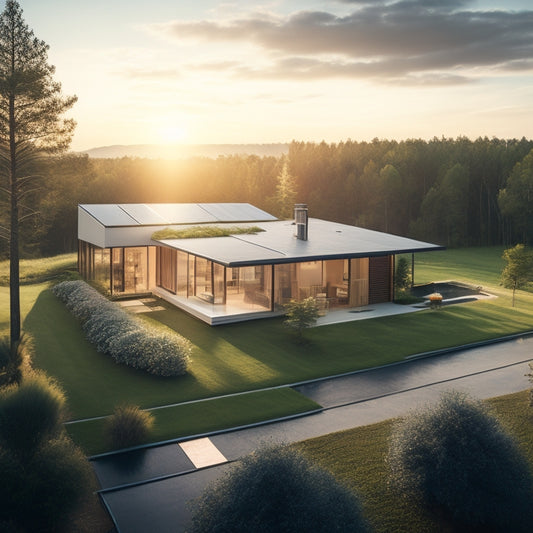 A serene landscape with a modern home in the center, surrounded by lush greenery, featuring a sleek solar panel array on the roof, with a subtle sun shining down, casting a warm glow.